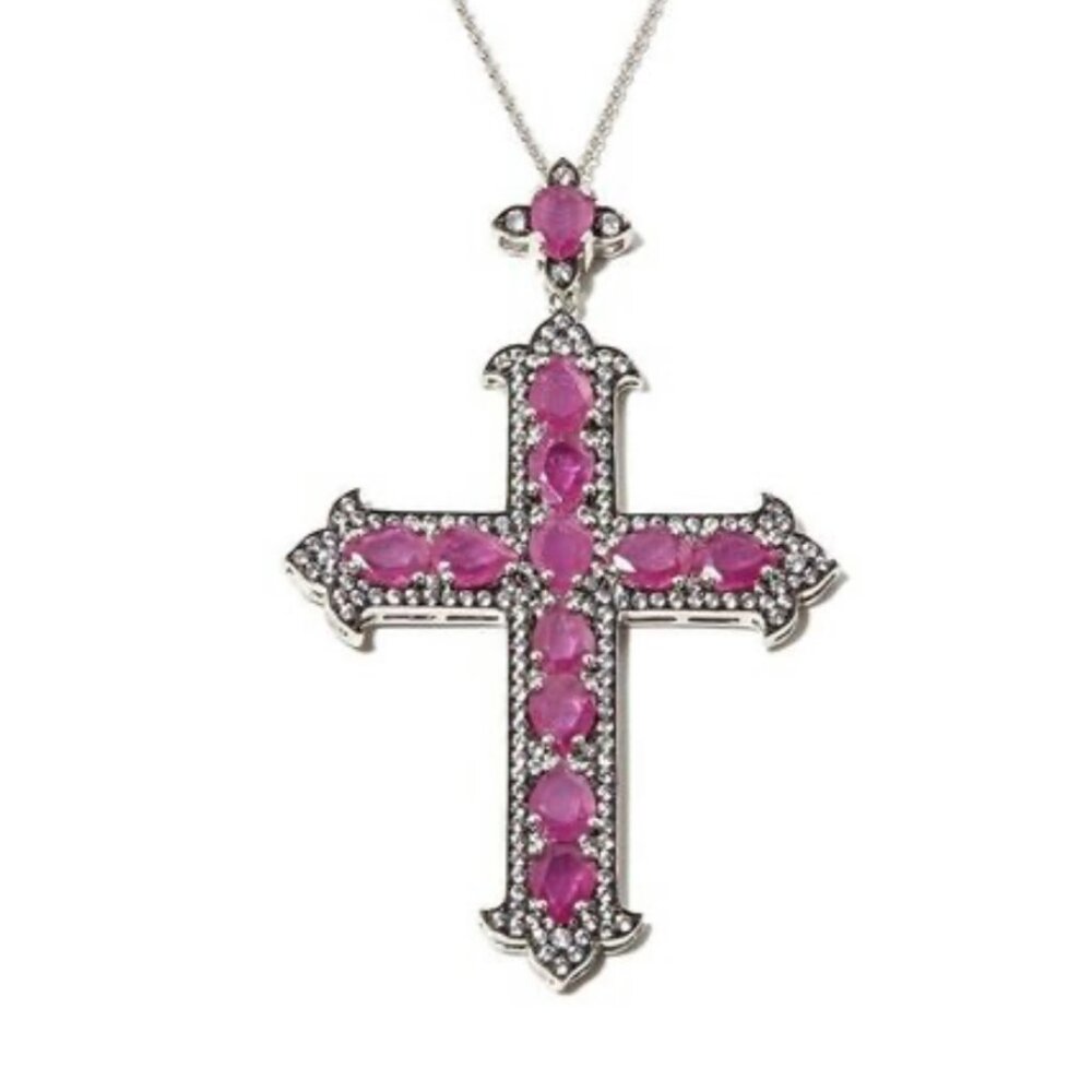 Sapphire Sterling Silver Cross with White Zircon